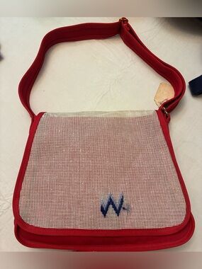 Vintage Red Canvas, Mesh-Front Crossbody Bag, plus 4 Crochet Needles & Yarn